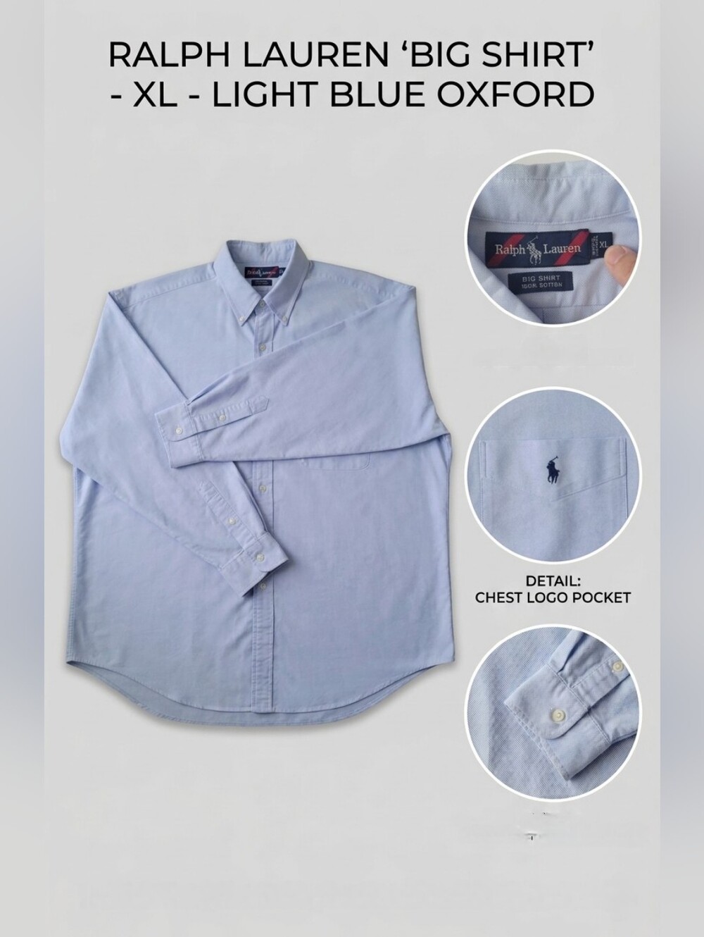 Vintage Ralph Lauren "Big Shirt" Light Blue Oxford Sz XL